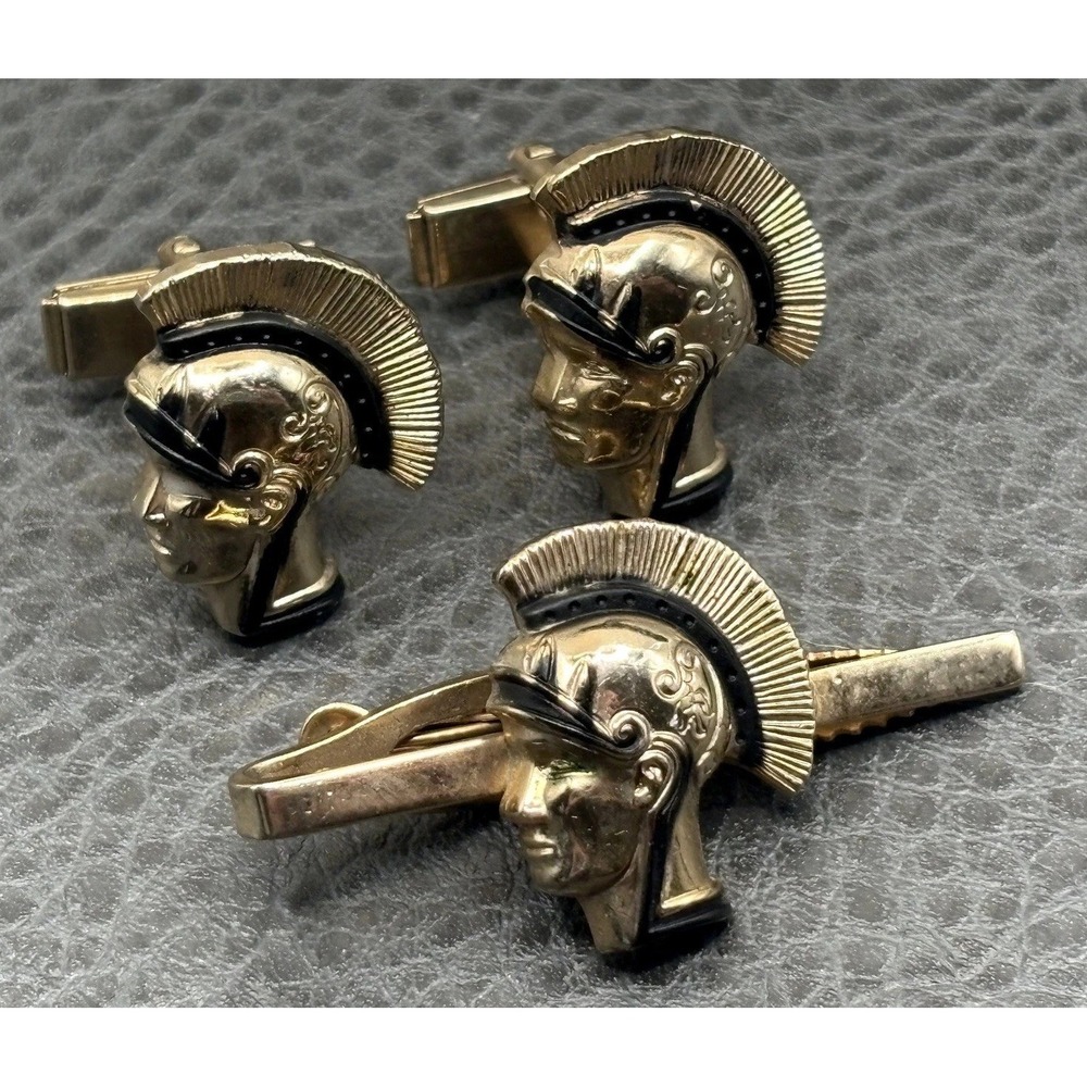 Vintage Pioneer Roman Warrior Head Cufflinks Tie Clip Set Gold Tone